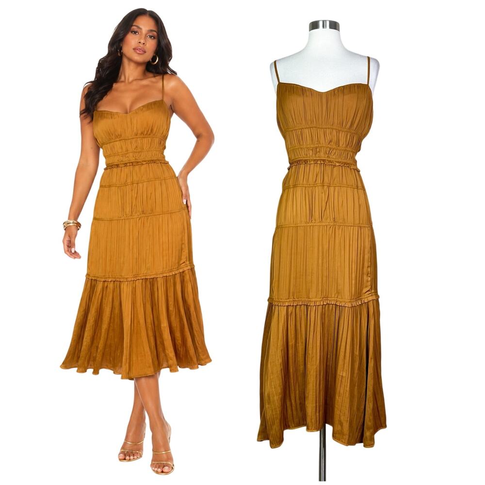 NEW Anthropologie | Mustard Gold Satin Smocked Pleated Midi Dress Plus Size 16